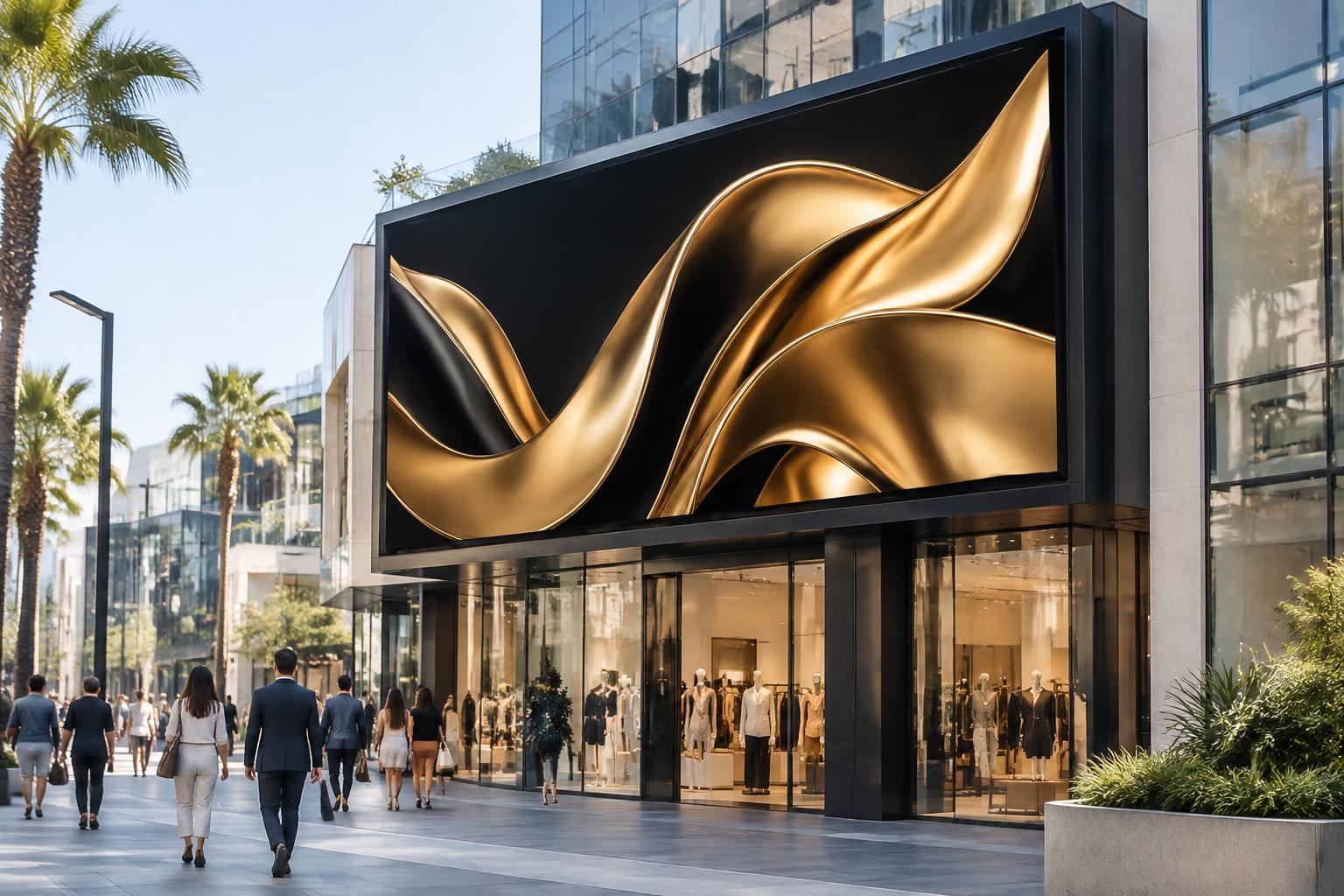 Concept gold billboard creative overlooking an urban shopping district