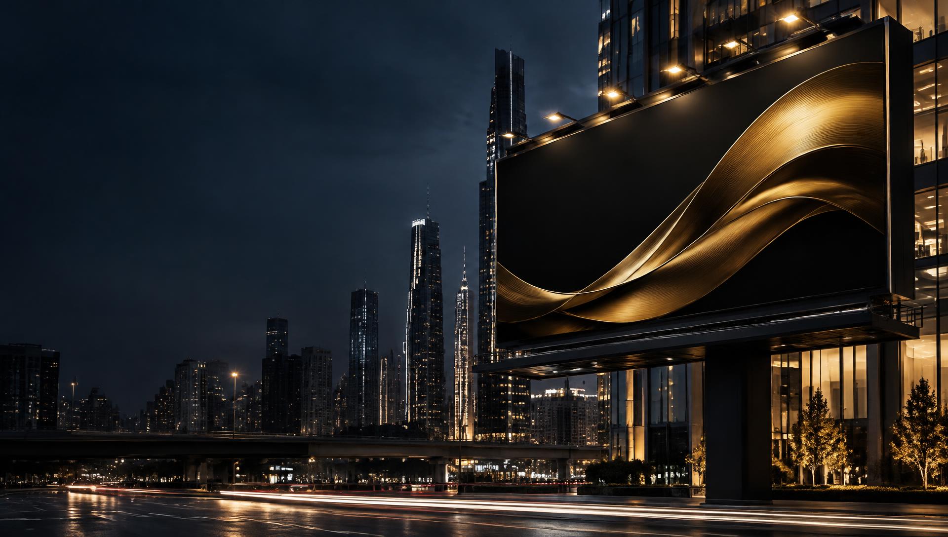 Concept outdoor billboard with gold campaign creative in a modern city at dusk